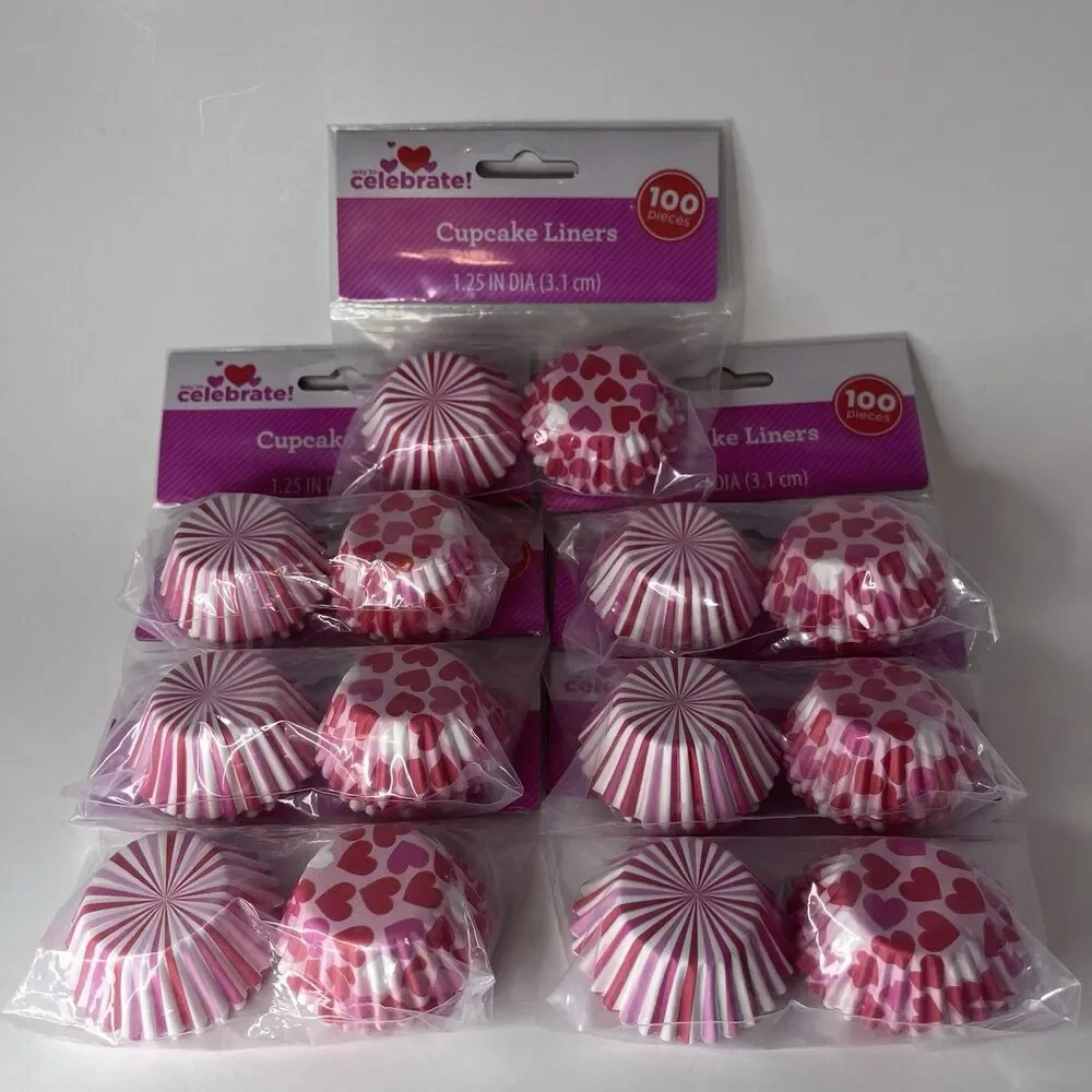 mini cupcake liners pink hearts Lot Of 7 100 Pieces Ea.